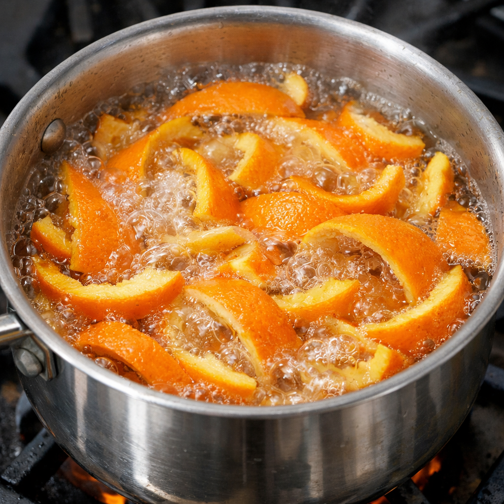 Boiling water with orange peels